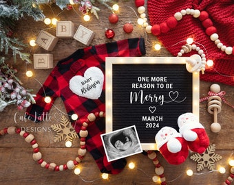 Christmas Pregnancy Announcement For Social Media, Christmas Baby Announcement Digital Reveal, One More Reason To Be Merry, Tiny Gift, Plaid