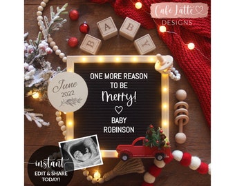 Editable Christmas Pregnancy Announcement Social Media, One More Reason to Be Merry Letter Board, Red Truck Winter Baby, Digital Corjl DIY