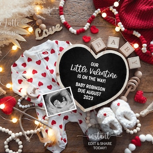 Valentines Day Digital Pregnancy Announcement For Social Media, Boho Baby Editable Template With Hearts, Little Valentine On The Way, DIY