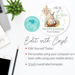 easter stickers printable, easter stickers template, easter cricut stickers, he is risen stickers, avery easter stickers religious cross and bunny rabbit, easter round label template, easter 3 inch round labels editable template, instant download DIY, Easter candy treat bag gift tags for church