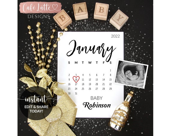 NEW YEARS Pregnancy Announcement Editable, Baby Announcement Edit Yourself Christmas, Digital Instant Download Reveal Social Media, Calendar Il_570xn