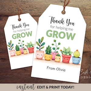 Etiquetas de regalo de agradecimiento para maestros editables, gracias por ayudarme a cultivar cactus suculentos, etiqueta de regalo para maestros, plantilla digital imprimible
