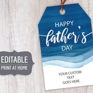 Etichette regalo stampabili per FESTA DEL PAPA', modello modificabile di etichette regalo personalizzate con onde blu, etichette personalizzate Download istantaneo fai da te