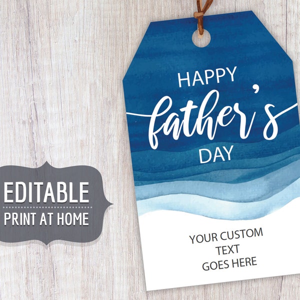 HAPPY FATHER'S Day Printable Gift Tags, Editable Personalized Gift Favor Tags Template with Blue Waves, Custom Labels Instant Download DIY