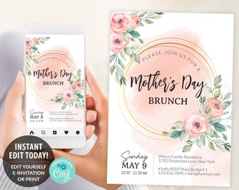 MOTHER'S DAY Invitation Editable Printable Template, Personalized Peony Flowers Brunch Invite, E-Invite 5x7 inches Digital Instant DIY Corjl