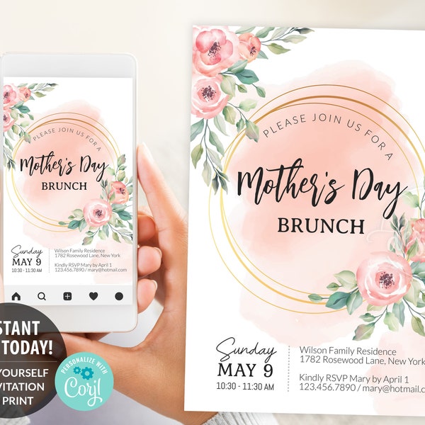 MOEDERDAG uitnodiging bewerkbare afdrukbare sjabloon, gepersonaliseerde Peony bloemen brunch uitnodigen, E-invite 5 x 7 inch digitale Instant DIY Corjl