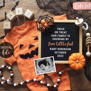 Anuncio digital de embarazo de Halloween para redes sociales, añadir una calabaza a nuestro tablero de letras, familia que crece un metro, Instagram