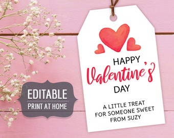 Valentine's Printable Gift Tags, Editable Personalized Gift Favor Tags Template with Red Hearts, Custom Valentines Day Instant Download DIY