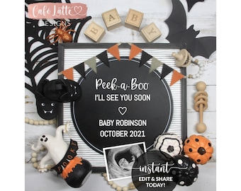 Editable Pregnancy Announcement for Social Media, Halloween Peek a Boo Digital Template, Ghost Pumpkins, October Fall Baby, Printable DIY