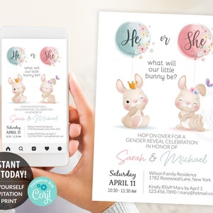 Er oder sie Gender Reveal Einladung editierbar druckbar, Osterhase E-Invitation Party einladen, Junge oder Mädchen Kaninchen, Karte Instant DIY, 15x7