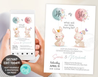 He or She Gender Reveal Invitation Editable Printable, Easter Bunny E-Invitation Party Invite, Boy or Girl Rabbit, Card Instant DIY, 5x7