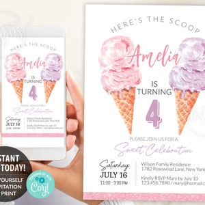 Modello modificabile dell'invito di compleanno del gelato, invito di compleanno stampabile, invito del gelato del 4° compleanno, invito elettronico per ragazze adolescenti digitale