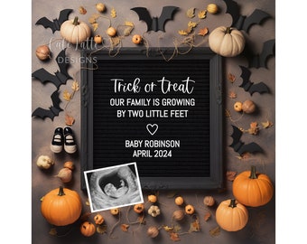 Halloween Pregnancy Announcement For Social Media, Halloween Digital Baby Reveal Letter Board Pumpkins, Trick or Treat Editable Template DIY