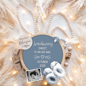 Revelación del género del bebé varón de Pascua para las redes sociales, Somebunny Sweet Digital Pregnancy Its A Boy, plantilla circular editable para hacer tú mismo, orejas de conejo
