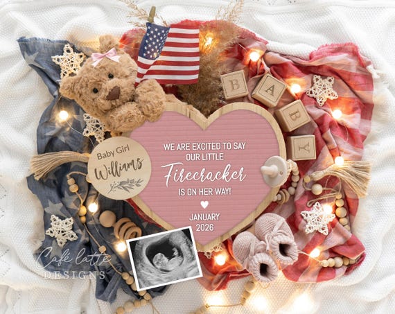 Fourth of July Baby Girl Digital Pregnancy Announcement, Its a Girl Baby Announcement, 4th July Girl Gender Reveal Editable Template Instant