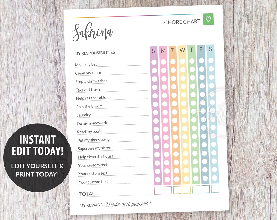 Teens Chore Chart Editable Printable, Responsibility Chart, Custom ...