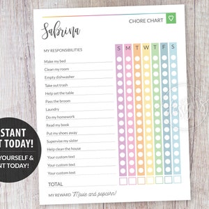 Teens Chore Chart Editable Printable, Responsibility Chart, Custom Chore Chart Template, Teen Rewards Chart, Rainbow Color Chart, DIY Corjl
