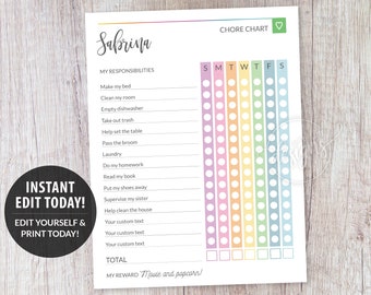 Puede incluir: Un cuadro de tareas imprimibles con un esquema de colores arcoíris. El cuadro se titula "Chore Chart" y tiene un icono de corazón. El cuadro está diseñado para un niño llamado Sabrina e incluye una lista de tareas, una lista de verificación diaria y un espacio para una recompensa. La recompensa se indica como "Película y palomitas!"