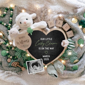 St. Patricks Baby Announcement Digital Reveal For Social Media, Saint Patricks Pregnancy Announcement Heart chalkboard with Shamrocks, Our Little Lucky Charm, DIY St. Patricks Day Baby Announcement Editable, Saint Patricks Day Baby, Baby Announcement
