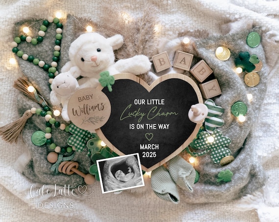 St Patricks Pregnancy Announcement Social Media, Digital St Patricks Baby Announcement Editable DIY, Our Little Lucky Charm Baby, Shamrocks