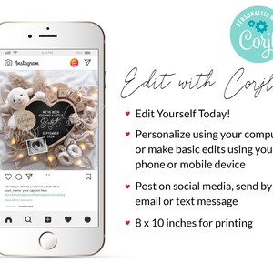 May include: A digital mockup of a printable baby announcement card. The card features a black chalkboard heart with the text "We've been keeping a little secret" and the baby's name "Robert" and birthdate "September 2024". The card is surrounded by a white stuffed lamb, wooden blocks, and string lights.
