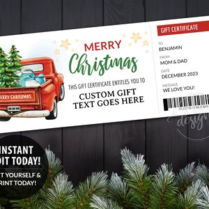 May include: A Christmas-themed gift certificate with a red truck carrying a Christmas tree and gifts. The certificate reads "Merry Christmas" and includes space for custom text, recipient's name, and a message. The design includes star accents and a barcode.
