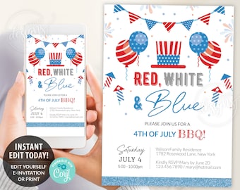 May include: Red, white, and blue 4th of July BBQ invitation with a festive design featuring fireworks, balloons, and a top hat. The invitation includes the date, time, and location of the event, as well as contact information for RSVP.