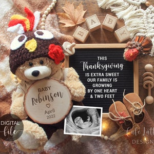 Thanksgiving Digital Pregnancy Announcement Social Media, Thankful Baby Reveal, Growing By One Heart & Two Feet, Boho Letter Board Turkey