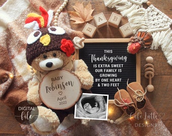 Thanksgiving Digital Pregnancy Announcement Social Media, Thankful Baby Reveal, Growing By One Heart & Two Feet, Boho Letter Board Turkey
