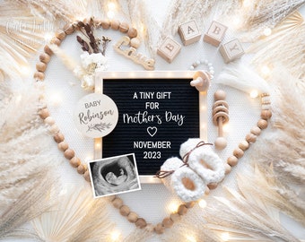 Mothers Day Pregnancy Announcement Social Media, Gender Neutral Baby, A Tiny Gift Letter Board, Boho Heart Pampas Editable Digital Template