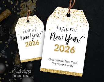NEW YEARS Printable Gift Tags, Personalized Favor Tags Editable Template with Gold Glitter, Instant Download Happy New Year 2026 Gift Tags
