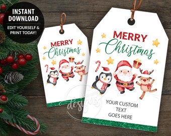 May include: White Christmas gift tags with a green glitter border and a brown string. The tags feature the text "MERRY Christmas" in red and green, along with illustrations of Santa, a penguin, and a reindeer.