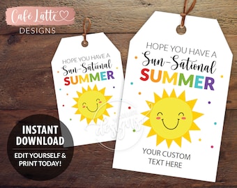 Sun Sational Summer Editable Printable Gift Tags, Personalized End of School Favor Tags Template Sun, Instant Download Labels Kids Friends