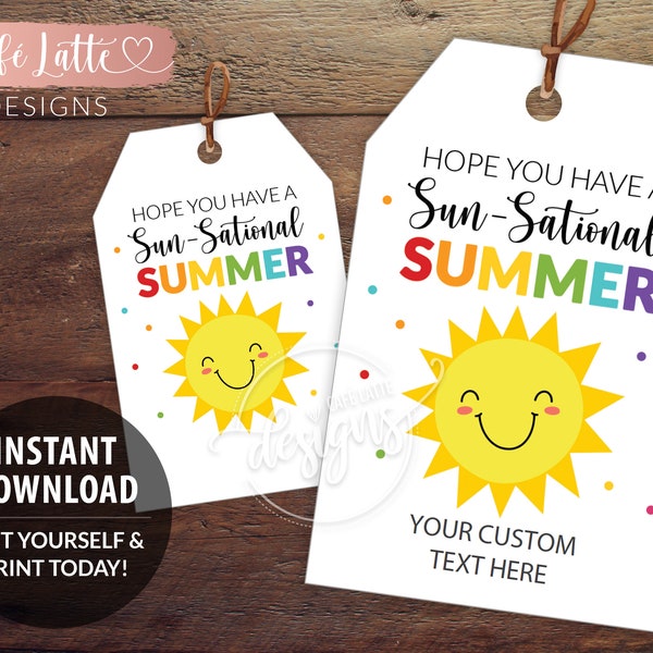 Sun Sational Summer bewerkbare afdrukbare cadeaukaartjes, gepersonaliseerde einde van school gunst tags sjabloon zon, Instant Download etiketten Kids Friends