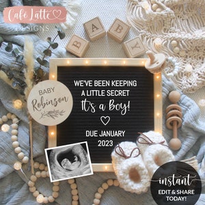 Editable Boho Boy Género Revelar Redes Sociales, Es un niño bebé anuncio carta tablero embarazo plantilla digital, Instagram Facebook DIY