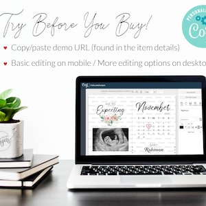 May include: A laptop screen displaying a calendar template for November 2020 with the text "We're Expecting" and "Baby Robinson" on the screen. The template is customizable with a photo and text. The text "Try Before You Buy!" is displayed above the laptop.