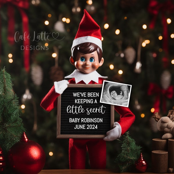 Christmas Digital Baby Announcement For Social Media With Elf, Christmas Digital Pregnancy Announcement Template, Keeping A Little Secret