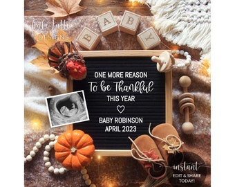 Digital Thanksgiving Pregnancy Announcement For Social Media, Fall Baby, One More Reason to be Thankful Turkey Editable Template Autumn, DIY