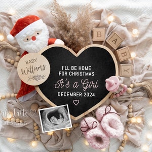 Christmas Girl Gender Reveal Baby Announcement Social Media, Digital Boho Girl Christmas Pregnancy Announcement Santa Claus, Editable DIY