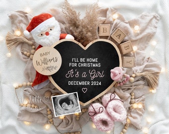 Christmas Girl Gender Reveal Baby Announcement Social Media, Digital Boho Girl Christmas Pregnancy Announcement Santa Claus, Editable DIY