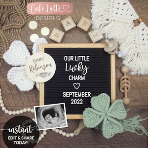Editable Anuncio de embarazo del Día de San Patricio Redes sociales, Pequeño amuleto de la suerte, Boho Shamrock Baby, Plantilla digital de tablero de cartas, Corjl