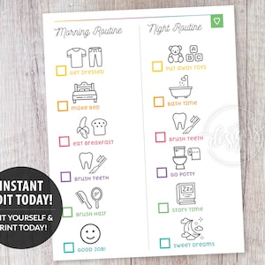May include: A printable checklist for kids to use for their morning and night routines. The checklist includes icons for getting dressed, making the bed, eating breakfast, brushing teeth, going potty, story time, and sweet dreams. The checklist is designed to help kids learn to be more independent and responsible.