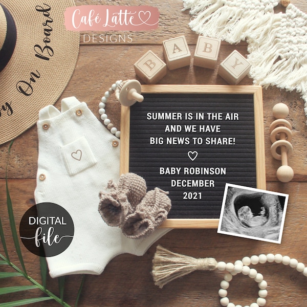 Digital Pregnancy Announcement for Social Media, Boho Summer Reveal, Baby on Board Gender Neutral, Here's the Scoop Instagram Facebook Ideas