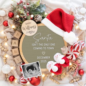Digitalt graviditetsmeddelande för jul, digitalt babymeddelande för jul, redigerbar mall, direkt nedladdning, jultomtehatt decemberbebis