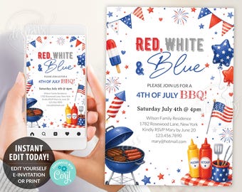 May include: A digital invitation template for a 4th of July BBQ featuring red, white, and blue graphics including fireworks, a grill with food, condiments, and an American flag. The text reads Red, White & Blue, Please Join Us For A 4th Of July BBQ.