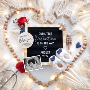 Valentines Boho Boy Gender Reveal Digital para las redes sociales, Anuncio de embarazo del bebé del Día de San Valentín, Plantilla editable de Heart Pampas