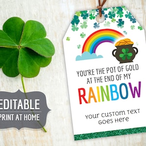 St. Patricks Day Pot of Gold with Rainbow Printable Gift Tags, Editable Personalized St. Patty&#39;s Gift Favor Tags Template, Instant Download