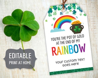 St. Patricks Day Pot of Gold with Rainbow Printable Gift Tags, Editable Personalized St. Patty's Gift Favor Tags Template, Instant Download