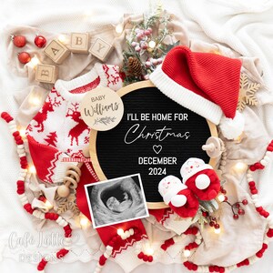 Christmas Pregnancy Announcement Digital, Baby Announcement Digital Social Media, Neutral Santa Editable Template, Ill Be Home For Christmas