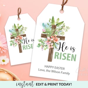 Er ist auferstanden Geschenkanhänger druckbar, Ostern Geschenkanhänger bearbeitbare Vorlage, personalisierte Favor Tags mit Kreuz, religiöser Geschenkanhänger Sofortiger Download